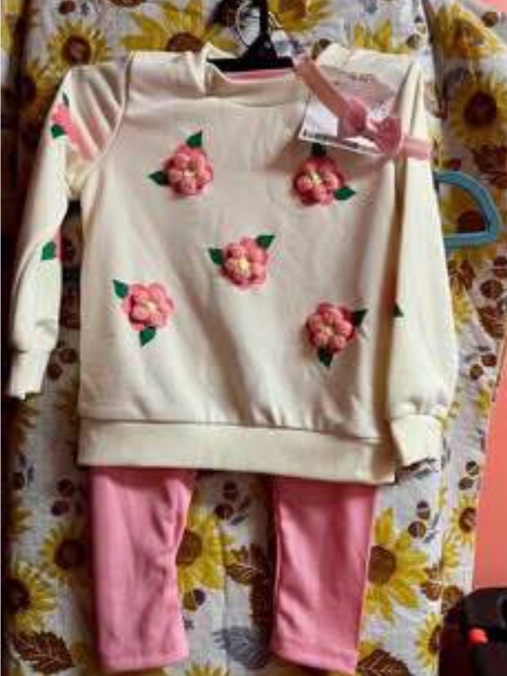 Cream Sweatshirt with Pink 3D Floral Appliqués and Pink Leggings